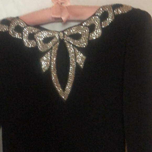 Vintage 70’s Don Sayres wool knit black dress with sequined Bow Bib and wrists. - Picture 3 of 5